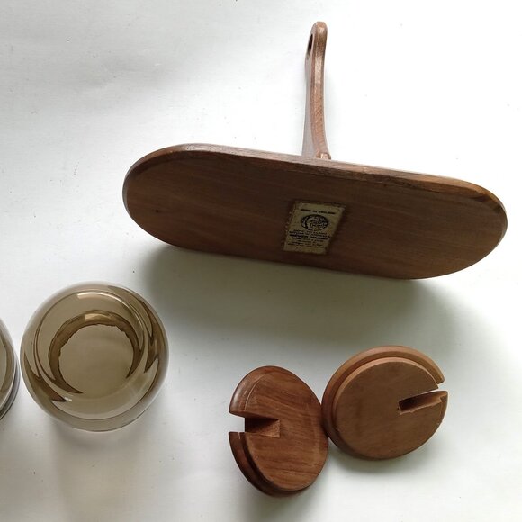 VTG MCM Betula Wood Teak Condiment Set Smoky Glass 2 Jam Jars with Tray England - Picture 7 of 8